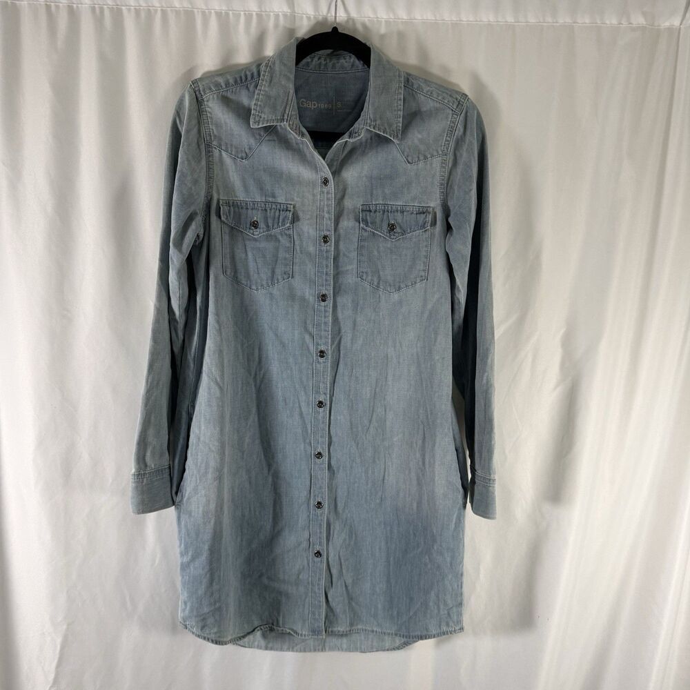 GAP Chambray Mini Dress Women's Small Light Blue Button Down Collared Long Sleev
